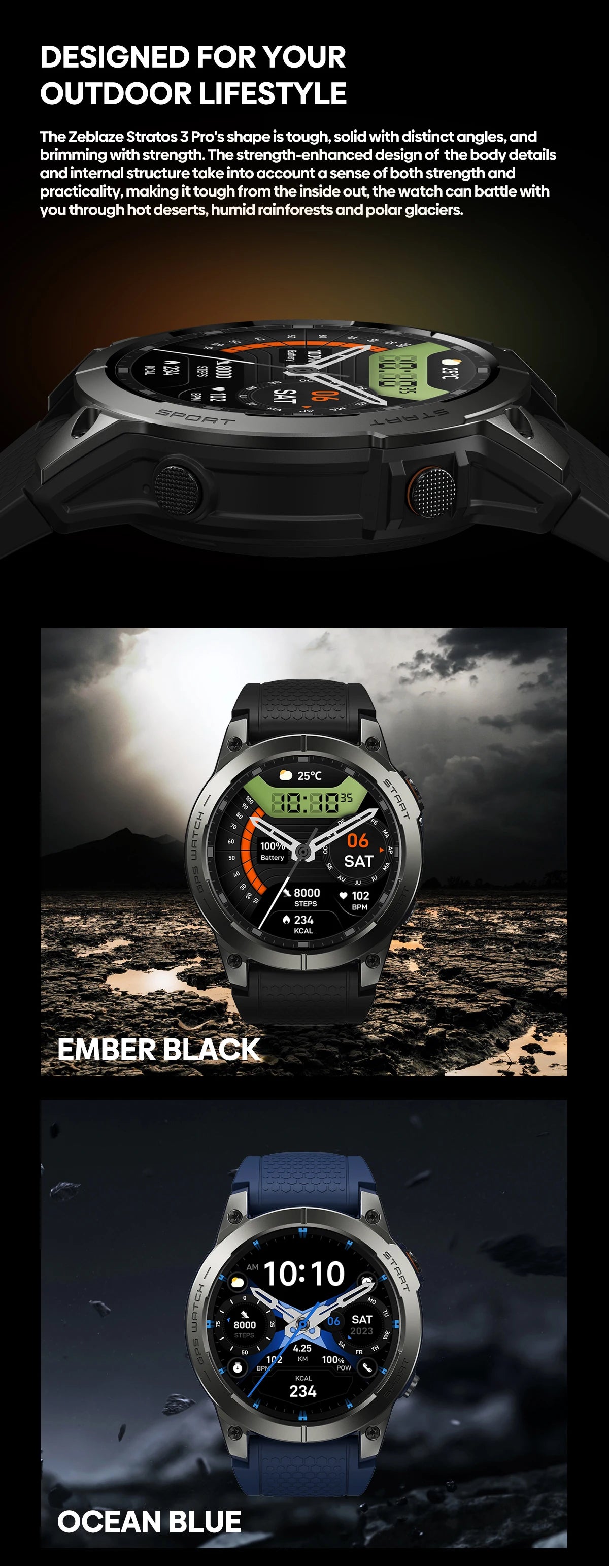 Zeblaze Stratos 3 PRO Smartwatch – 1.43” AMOLED, GPS, Bluetooth Calls, Fitness Tracker
