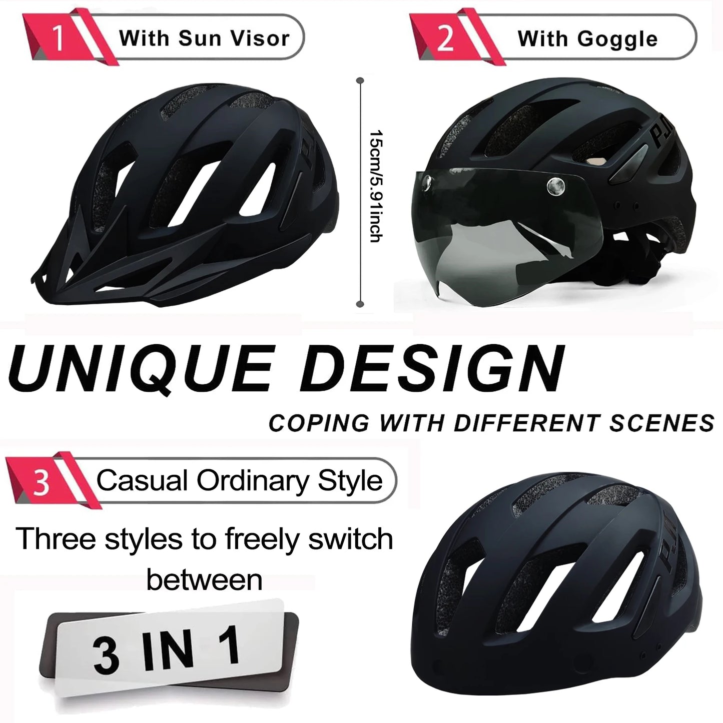 PJT Rechargeable LED Cycling Helmet with Sunglasses Shield