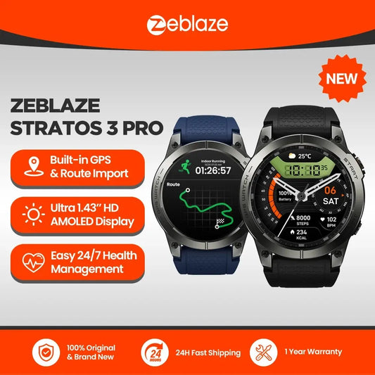 Zeblaze Stratos 3 PRO Smartwatch – 1.43” AMOLED, GPS, Bluetooth Calls, Fitness Tracker