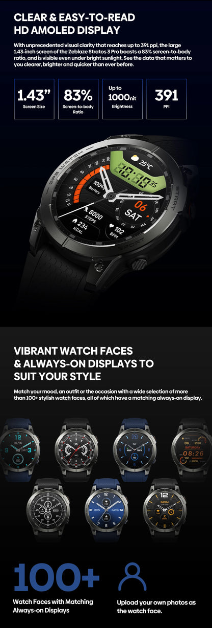 Zeblaze Stratos 3 PRO Smartwatch – 1.43” AMOLED, GPS, Bluetooth Calls, Fitness Tracker