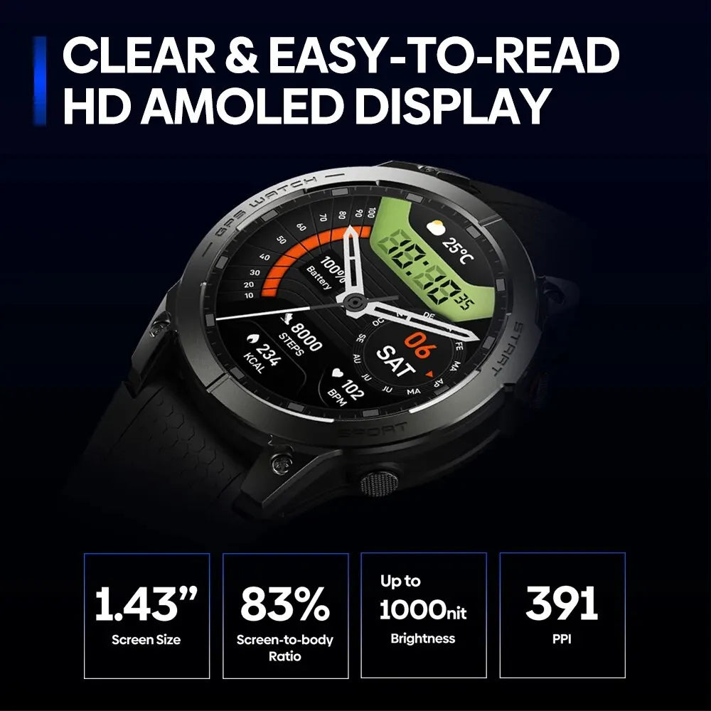 Zeblaze Stratos 3 PRO Smartwatch – 1.43” AMOLED, GPS, Bluetooth Calls, Fitness Tracker