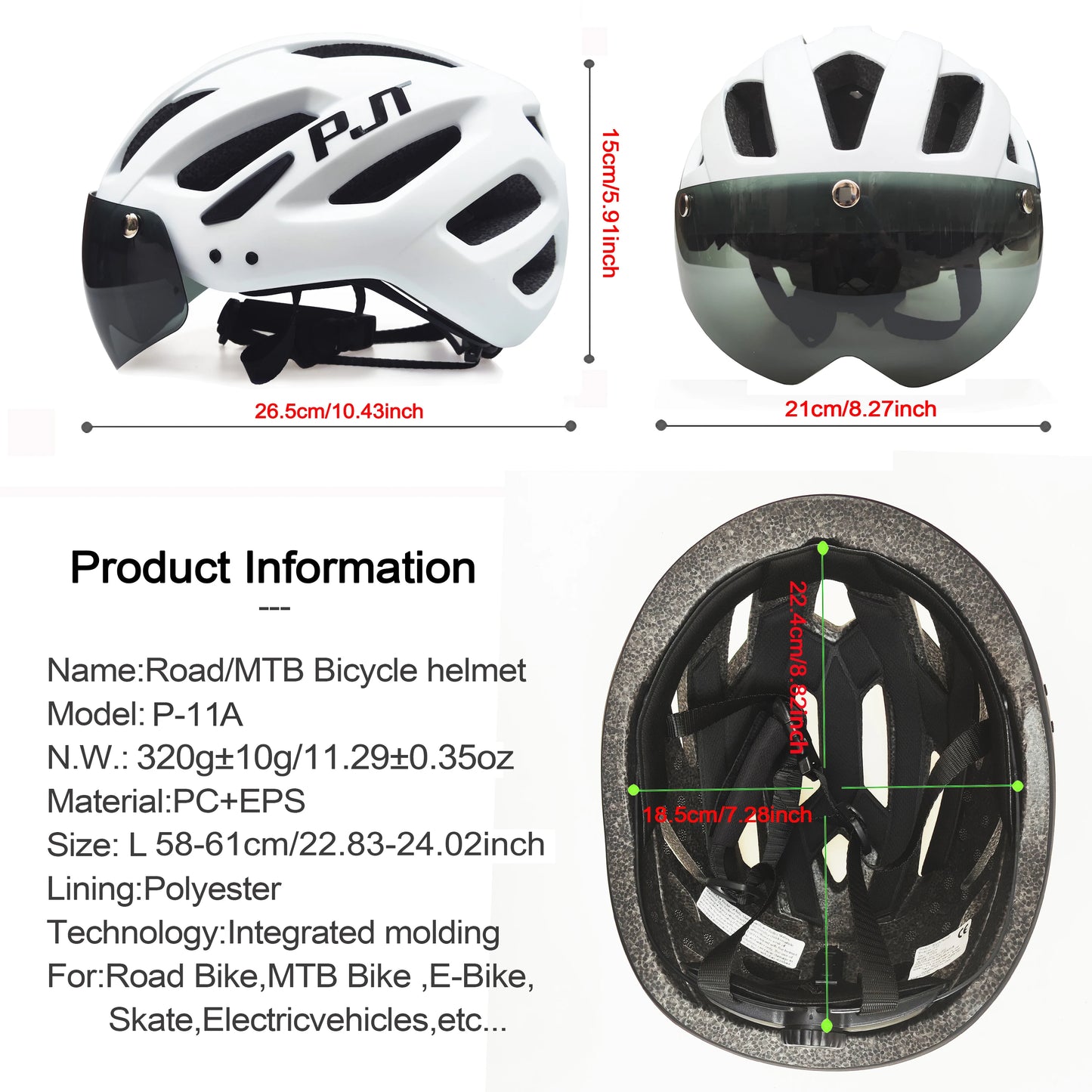 PJT Rechargeable LED Cycling Helmet with Sunglasses Shield