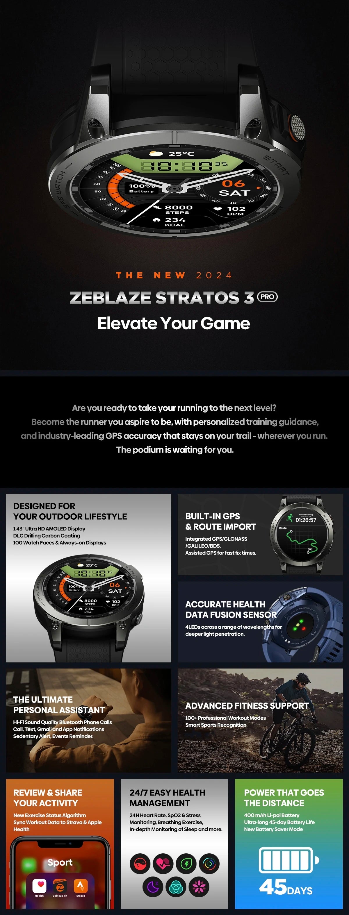 Zeblaze Stratos 3 PRO Smartwatch – 1.43” AMOLED, GPS, Bluetooth Calls, Fitness Tracker