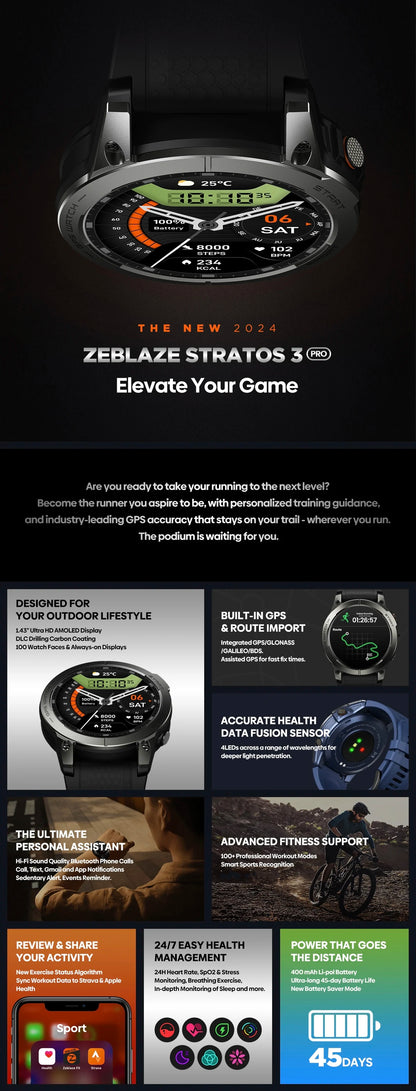Zeblaze Stratos 3 PRO Smartwatch – 1.43” AMOLED, GPS, Bluetooth Calls, Fitness Tracker
